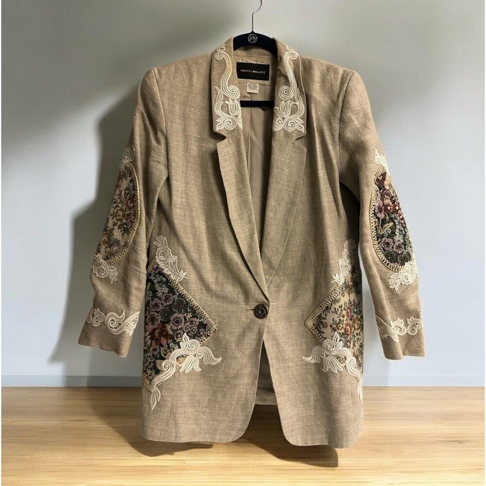 Harris Wallace‎ Women’s Oatmeal Linen Jacket Floral Appliqué Petite Size M PM